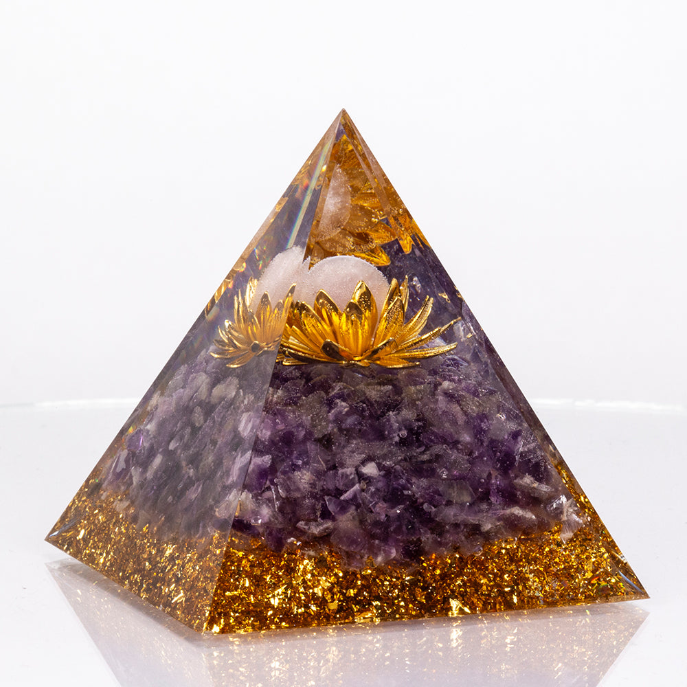 Polished Crystal Pyramid with Resin, Crystal and Amethyst Fragments