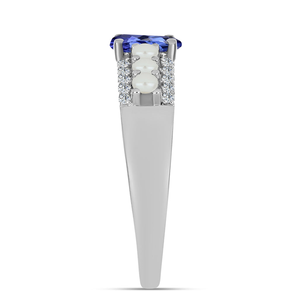 Ezüst Gyűrű "AAA" Osztályú Tanzanittal és Fehér Édesvízi Kagylógyönggyel