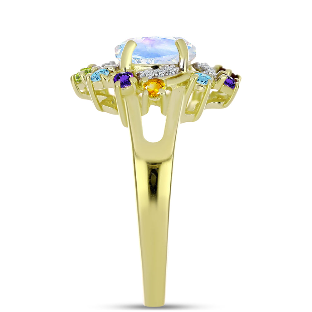 Arannyal Bevont Ezüst Gyűrű Szivárvány Holdkővel és Marokkói Ametiszttel