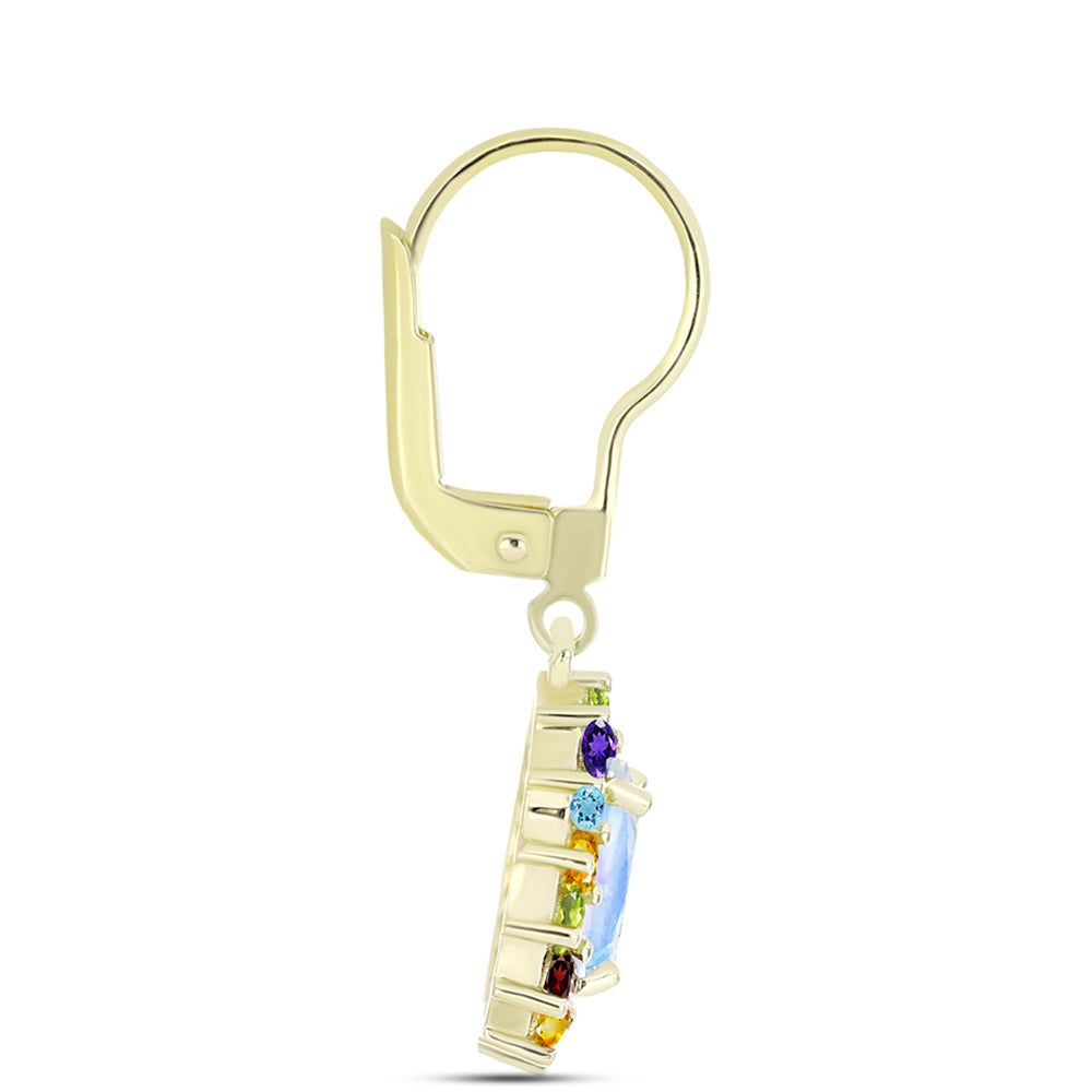 Arannyal Bevont Ezüst Fülbevaló Szivárvány Holdkővel és Marokkói Ametiszttel