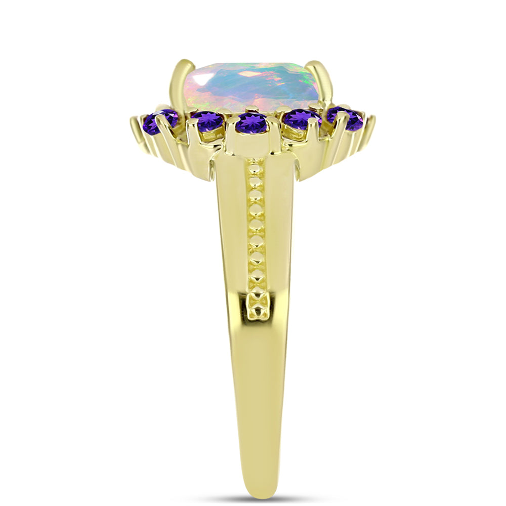 Arannyal Bevont Ezüst Gyűrű Szivárvány Holdkővel és Marokkói Ametiszttel