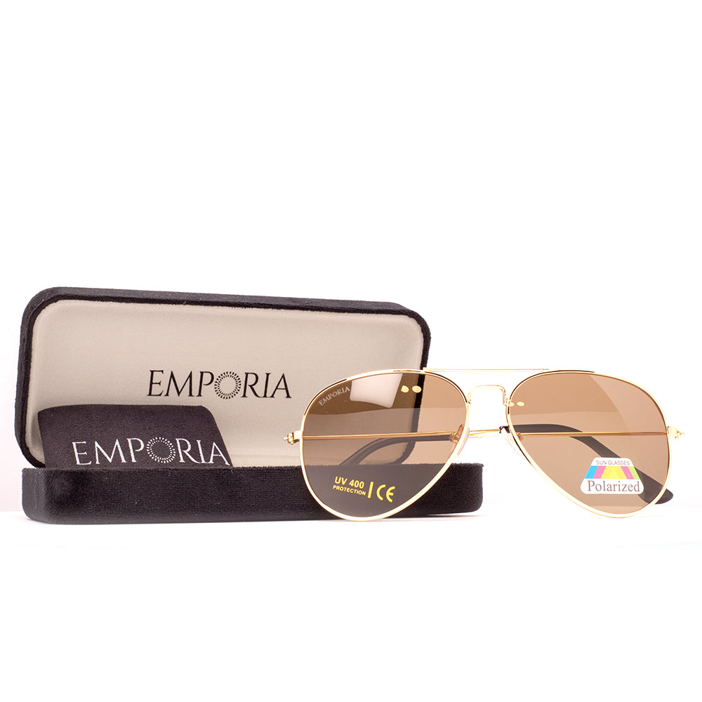 Emporia Italy - Pilóta Napszemüveg "SIVATAG", polarizált napszemüveg tokkal és tisztítókendővel, világosbarna lencsék, arany színű keret