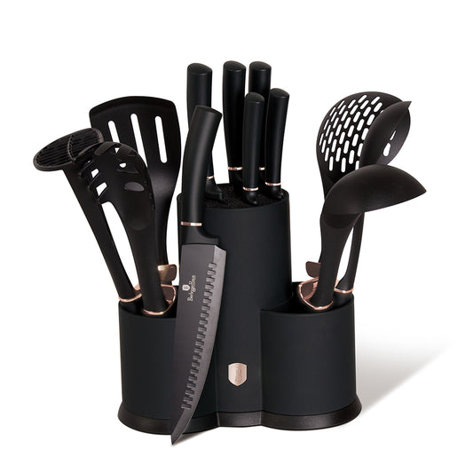 Berlinger Haus 12 pcs knife and tool set, 2 in1 easy storage and save space, Titan coated stainless steel blades, black- rose gold