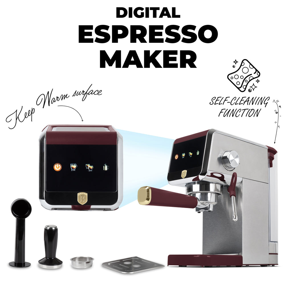 Berlinger Haus Digital espresso coffee machine, LED display + touch screen, 1.2 L tank, High pressure (20 Bar) ULKA coffee pump system, bordeaux