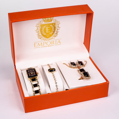 5 darabos, arany tónusú prémium minőségű Emporia ékszerszett, exkluzív bőrhatású díszdobozban (karórával, karkötővel, nyaklánccal, fülbevalóval és gyűrűvel, fekete és fehér Emporia kristállyal)