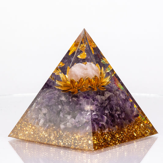Polished Crystal Pyramid with Resin, Crystal and Amethyst Fragments