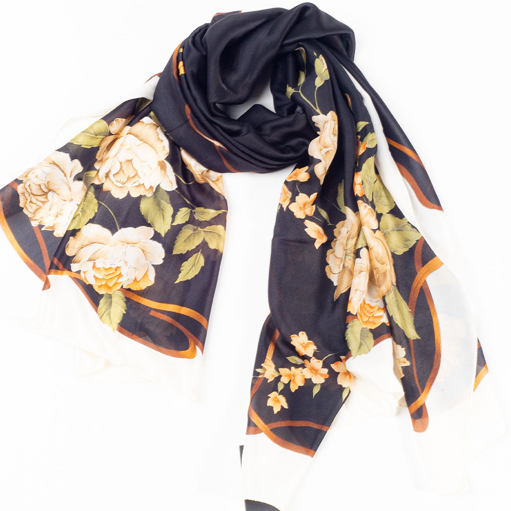 Canvas & Bloom Scarf, Black, 85 cm x 180 cm, 100% Vegan Silk