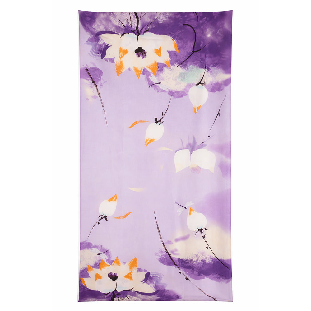 Éjjeli lótusz mintás sál, lila, 85 × 180 cm, 100% vegán selyem