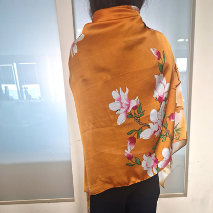 Édenkert ihlette mintás sál, narancssárga, 85 × 180 cm, 100% vegán selyem