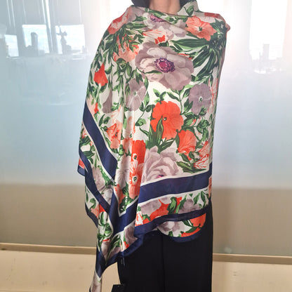 Orchidea mintás sál, kék, 85 × 180 cm, 100% vegán selyem