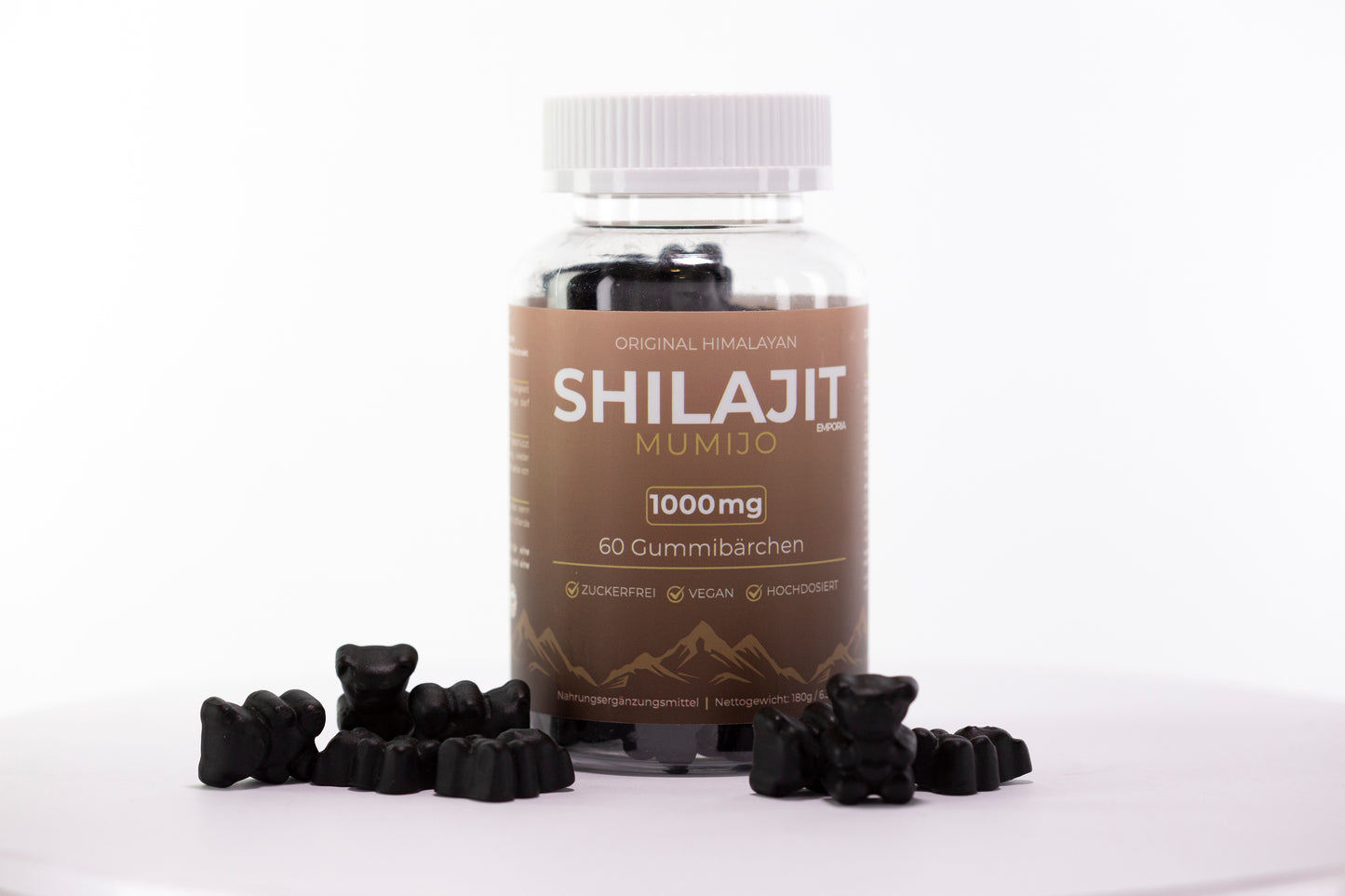 Himalájai Shilajit Gumicukor 1000 mg – D3-vitaminnal, Chagával és Feketeborssal – 60 vegán gumimaci – Cukormentes, pektin alapú – 5400 m magasról származó Mumijo – 30 napra
