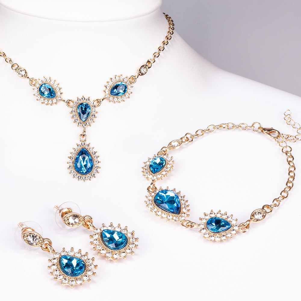 Arany tónusú Emporia Ötvözetű Szett Kék Emporia® Kristállyal és Fehér Emporia® Kristállyal ( Nyaklánc+Fülbevaló+Karkötő )