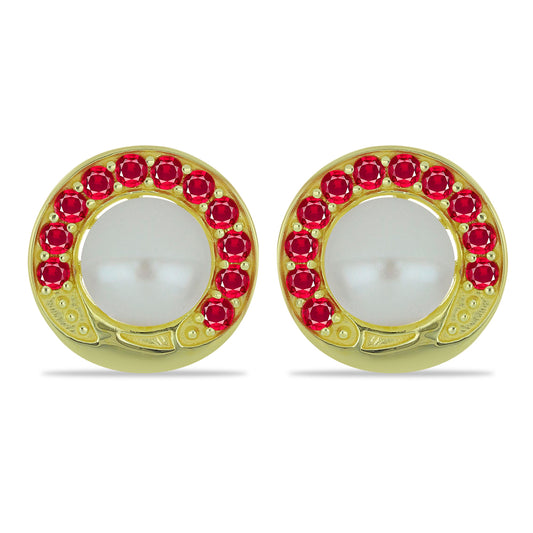 Arannyal Bevont Ezüst Fülbevaló Fehér Édesvízi Kagylógyönggyel és Madagaszkári Rubinnal
