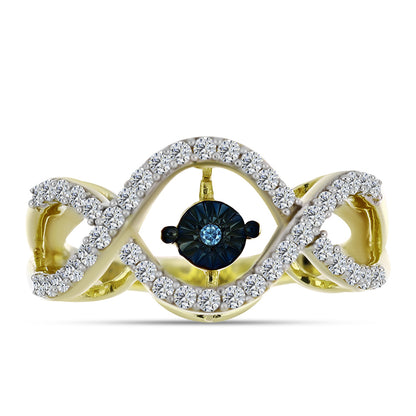 Arannyal Bevont Ezüst Gyűrű Kék Táncoló Gyémánttal és Fehér Topázzal