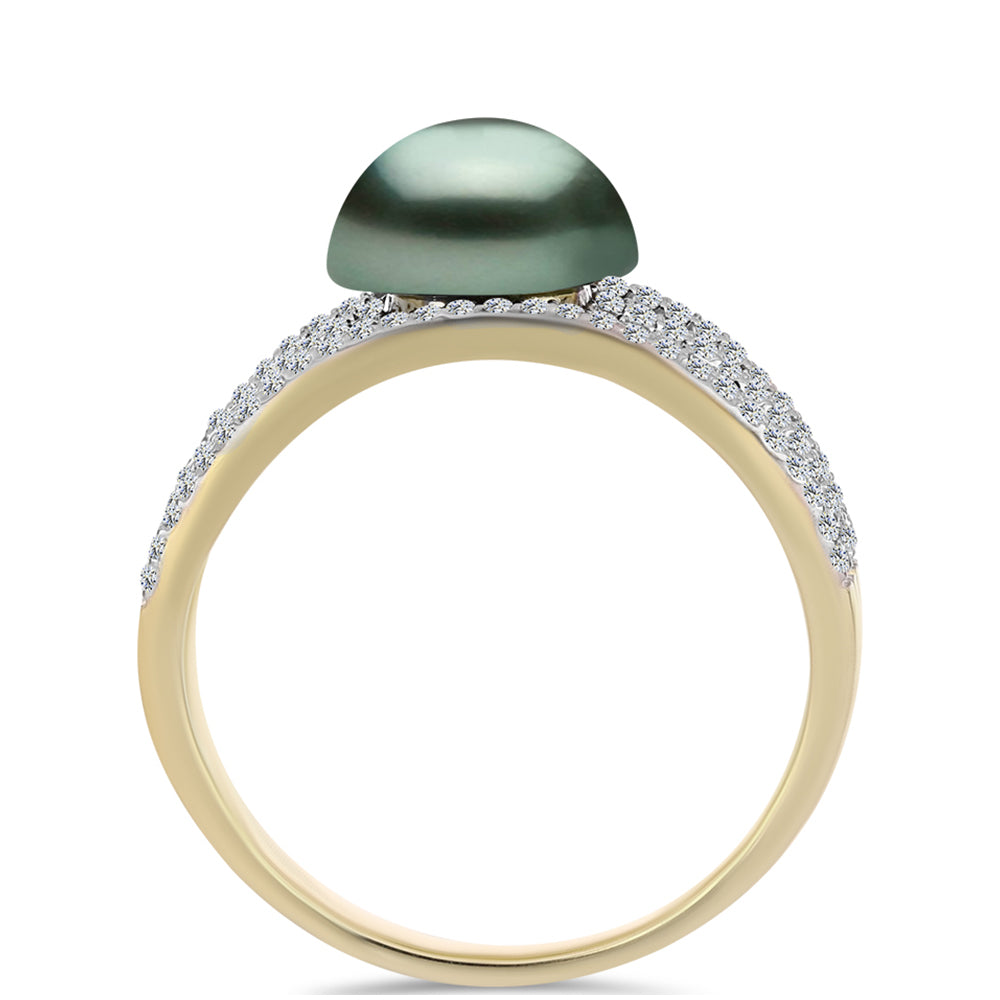 Arannyal Bevont Ezüst Gyűrű "Tahiti-zöld" illúzió édesvízi Kagylógyönggyel és Fehér Topázzal