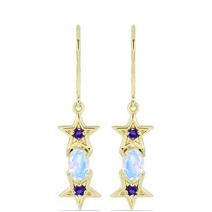 Arannyal Bevont Ezüst Fülbevaló Szivárvány Holdkővel és Marokkói Ametiszttel