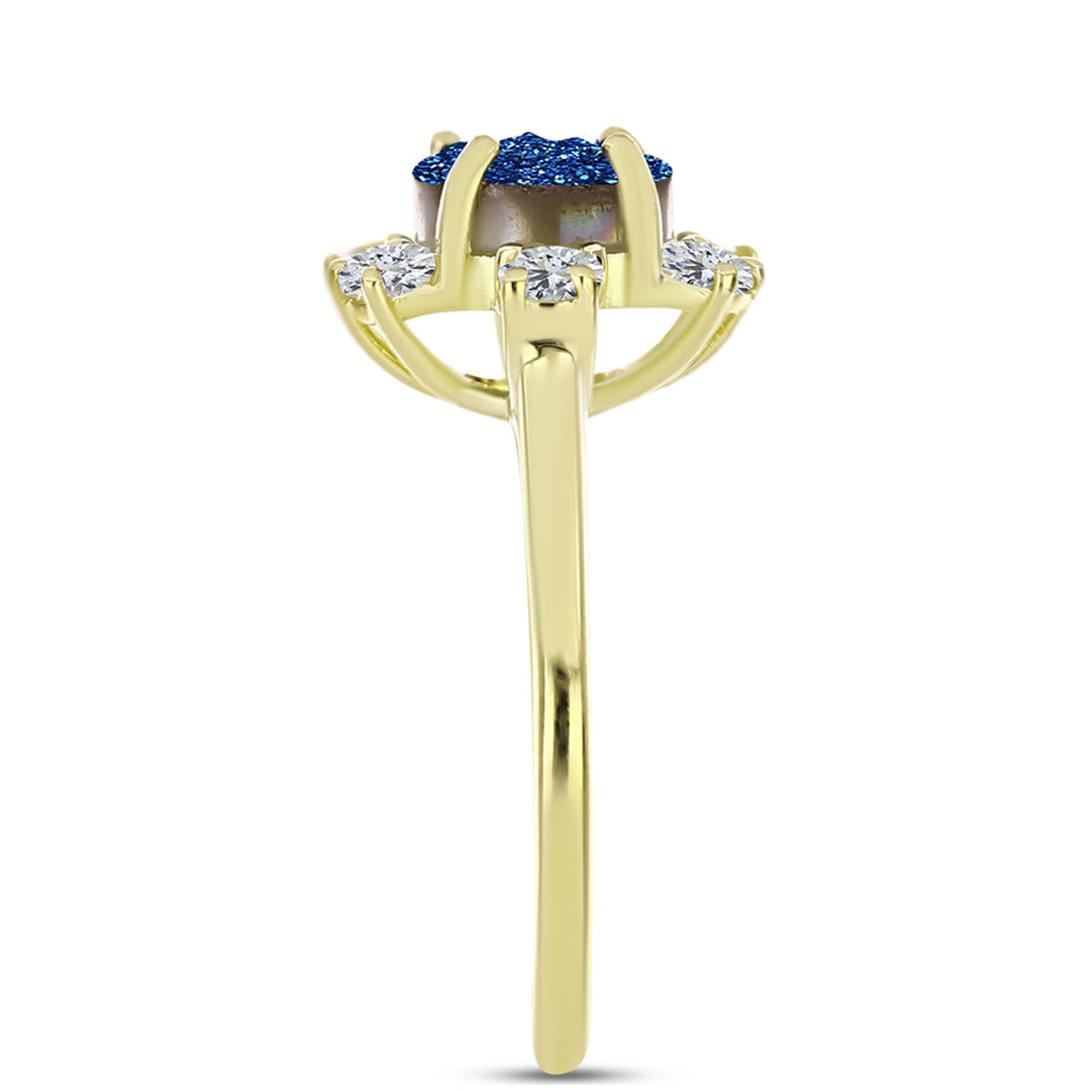 Arannyal Bevont Ezüst Gyűrű Kék Drusy-val és Fehér Topázzal