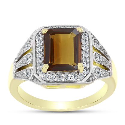Arannyal Bevont Ezüst Gyűrű Kognak Kvarccal és Fehér Topázzal