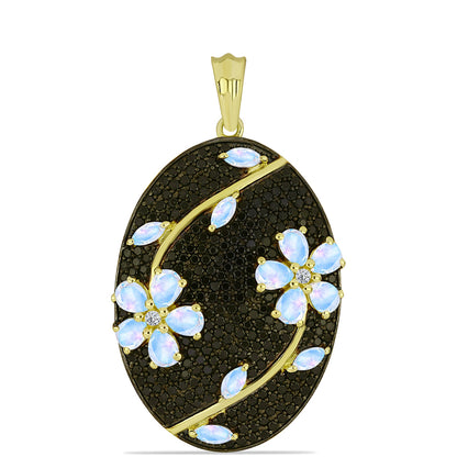 Arannyal Bevont Ezüst Medál Szivárvány Holdkővel és Fekete Spinellel
