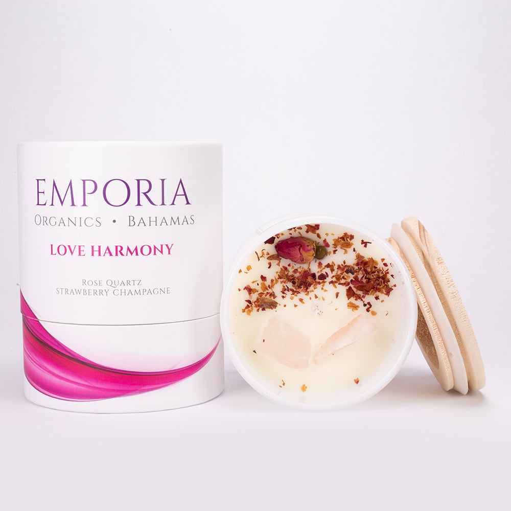 Emporia Organics Üveggyertya: Bahamák - LOVE HARMONY, Rózsakvarccal, Eper és pezsgő illattal, 100% szójaviasz, 230g