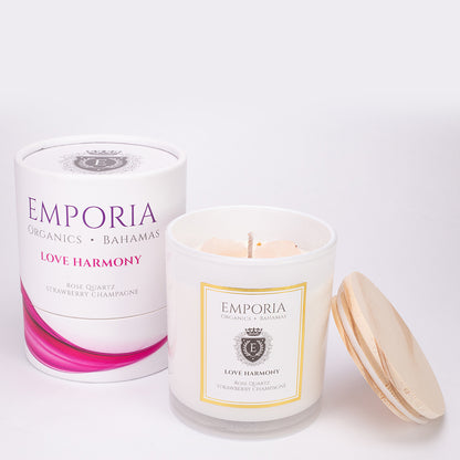 Emporia Organics Üveggyertya: Bahamák - LOVE HARMONY, Rózsakvarccal, Eper és pezsgő illattal, 100% szójaviasz, 230g