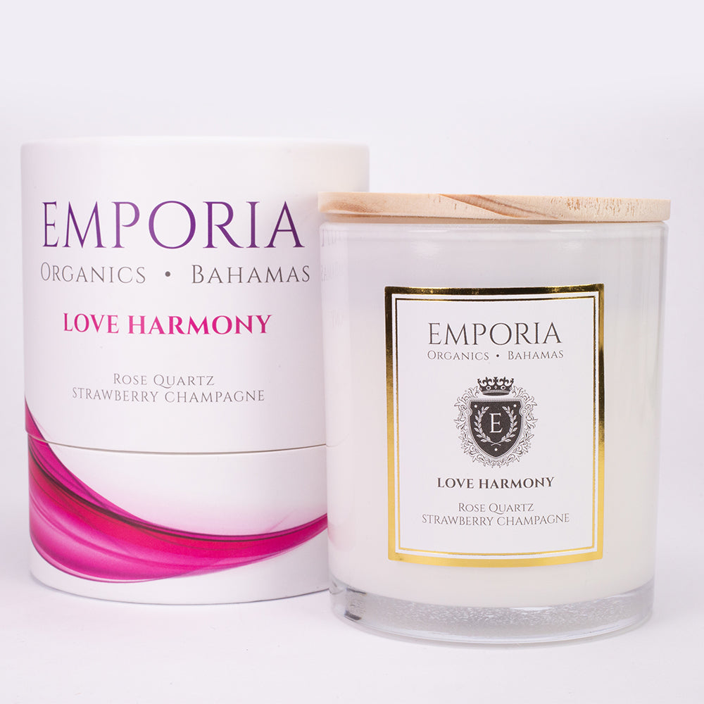 Emporia Organics Üveggyertya: Bahamák - LOVE HARMONY, Rózsakvarccal, Eper és pezsgő illattal, 100% szójaviasz, 230g